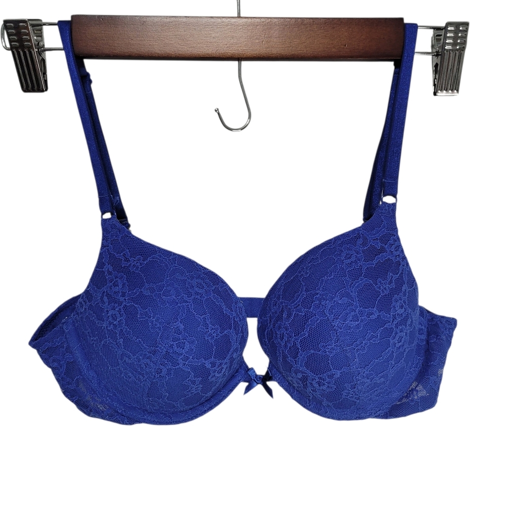 Victoria's Secret Push Up Bra Size 34B Blue Flawed Feminine Lace Girly Romantic